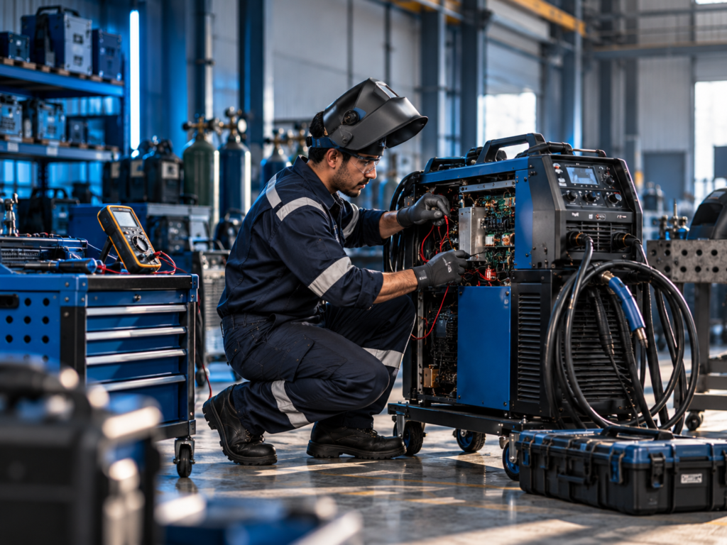 Técnico realizando mantenimiento de equipo de soldadura.